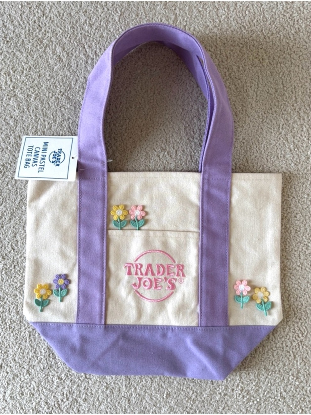 Trader Joe's Customized Pastel Mini Tote Flower Embroidered Patch Tote Purple